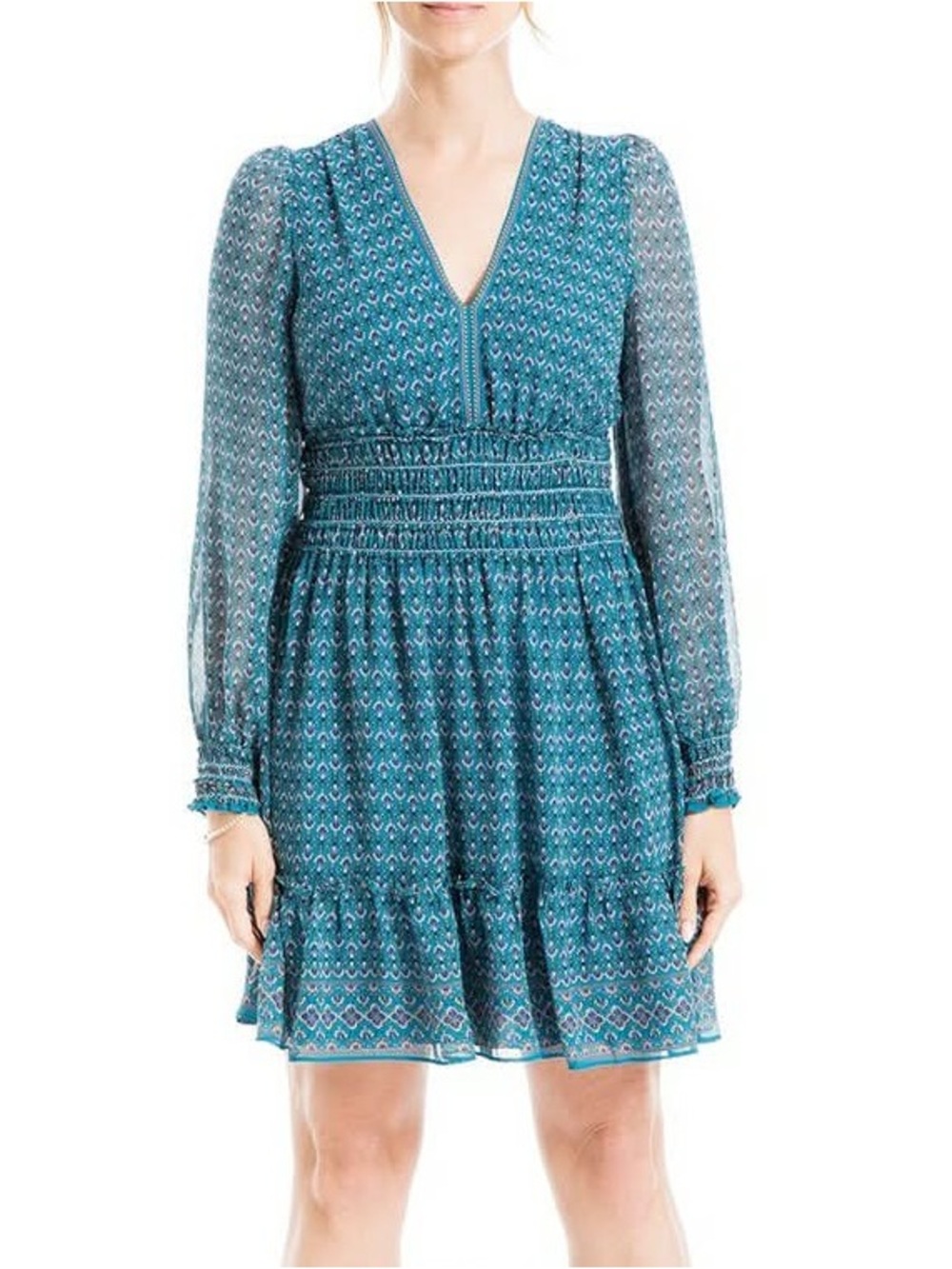 Max Studio Teal Patterned Long-Sleeve Smocked-Waist Mini Dress